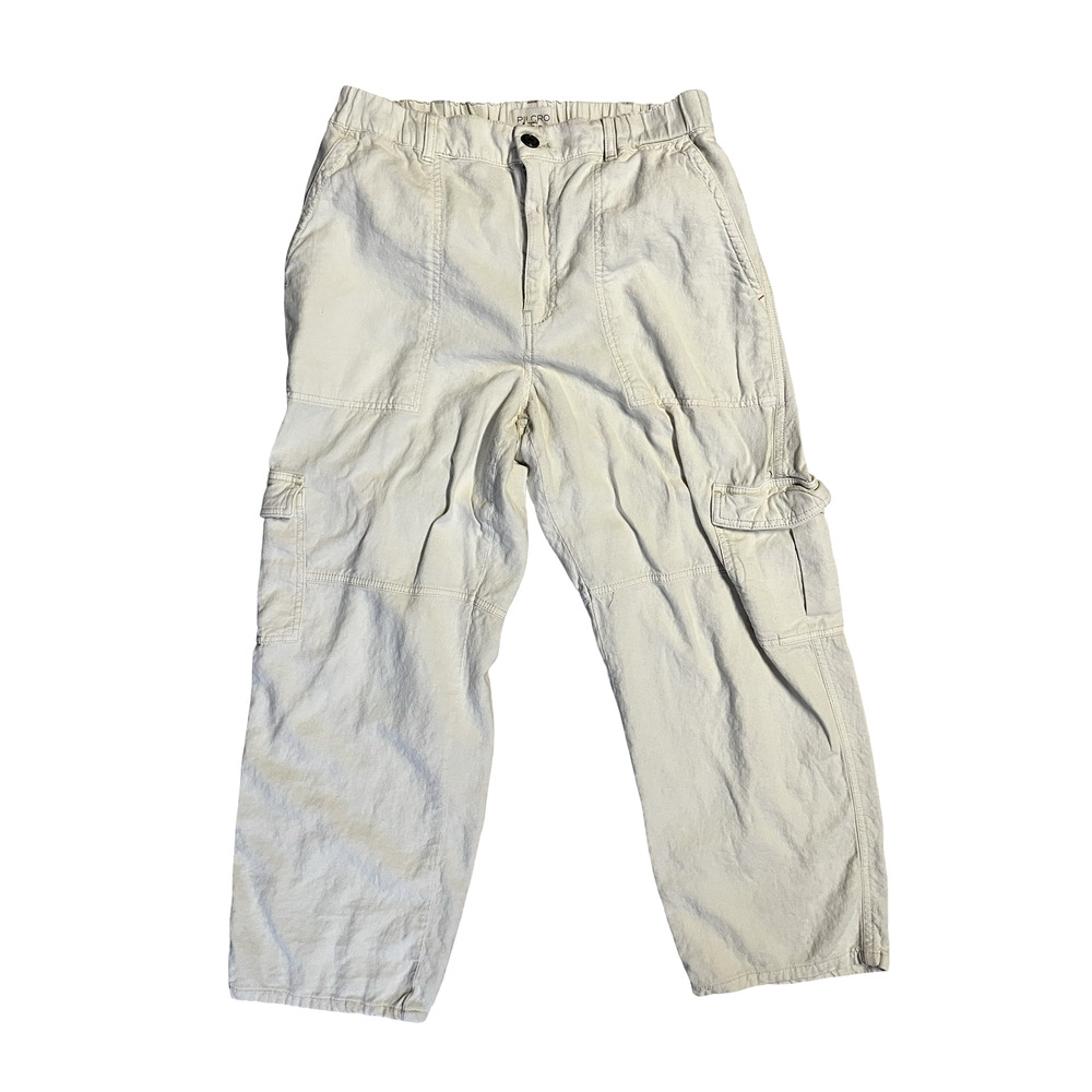 Pilcro Pants Womens Medium Beige Linen Blend Wide Leg Cargo Pocket Utility
